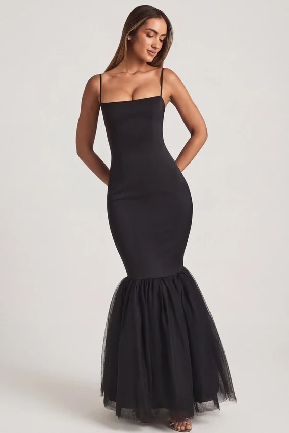 Adelpha Tulle Hem Fishtail Gown in Black Adelpha Tulle Hem Fishtail Gown in Black