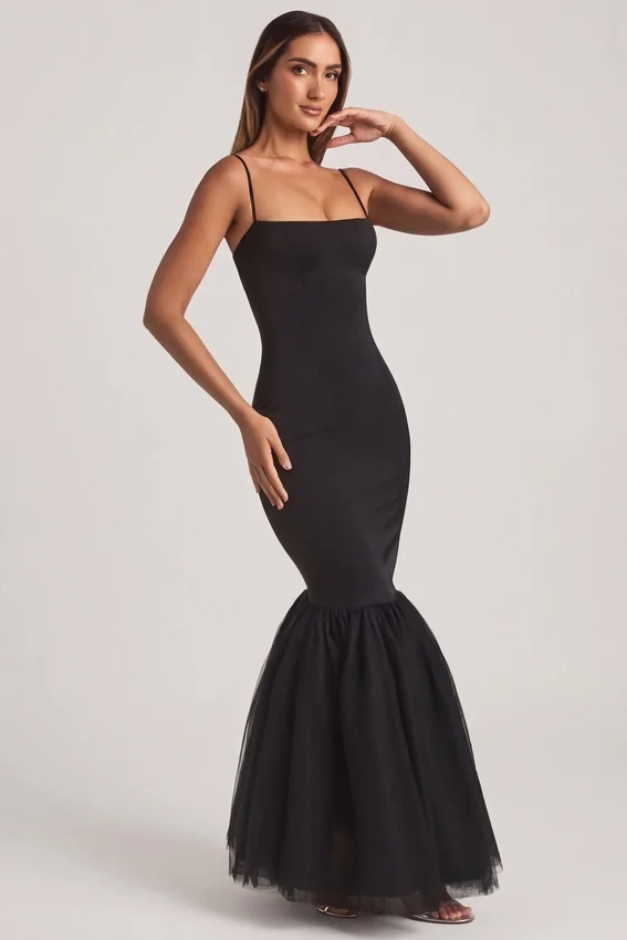 Adelpha Tulle Hem Fishtail Gown in Black Adelpha Tulle Hem Fishtail Gown in Black