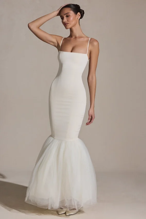 Adelpha Tulle Hem Fishtail Gown in Ivory Adelpha Tulle Hem Fishtail Gown in Ivory
