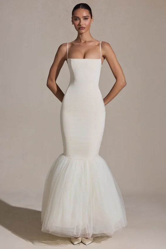 Adelpha Tulle Hem Fishtail Gown in Ivory Adelpha Tulle Hem Fishtail Gown in Ivory