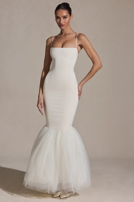 Adelpha Tulle Hem Fishtail Gown in Ivory Adelpha Tulle Hem Fishtail Gown in Ivory