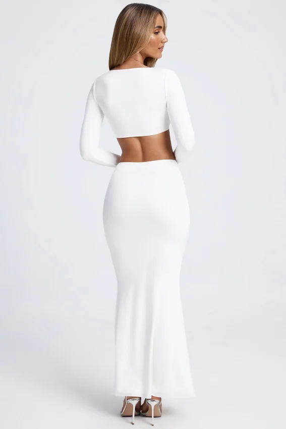 Adena Hardware Detail Fishtail Maxi Skirt in White Adena Hardware Detail Fishtail Maxi Skirt in White