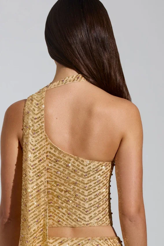 Adhara Embellished Low-Rise A-Line Micro Mini Skirt in Gold Adhara Embellished Low-Rise A-Line Micro Mini Skirt in Gold