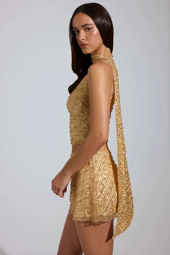 Adhara Embellished Low-Rise A-Line Micro Mini Skirt in Gold Adhara Embellished Low-Rise A-Line Micro Mini Skirt in Gold