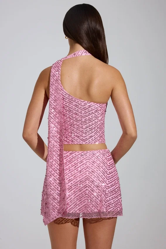 Adhara Embellished Low-Rise A-Line Micro Mini Skirt in Pink Adhara Embellished Low-Rise A-Line Micro Mini Skirt in Pink
