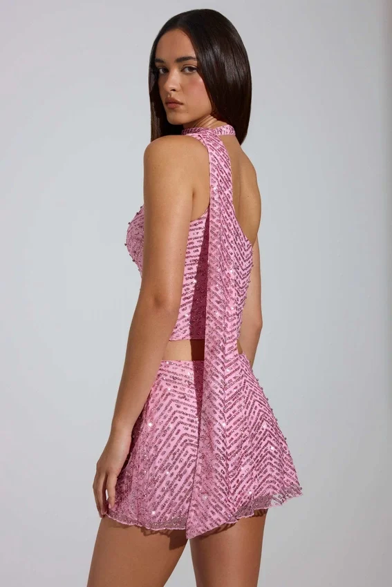 Adhara Embellished Low-Rise A-Line Micro Mini Skirt in Pink Adhara Embellished Low-Rise A-Line Micro Mini Skirt in Pink