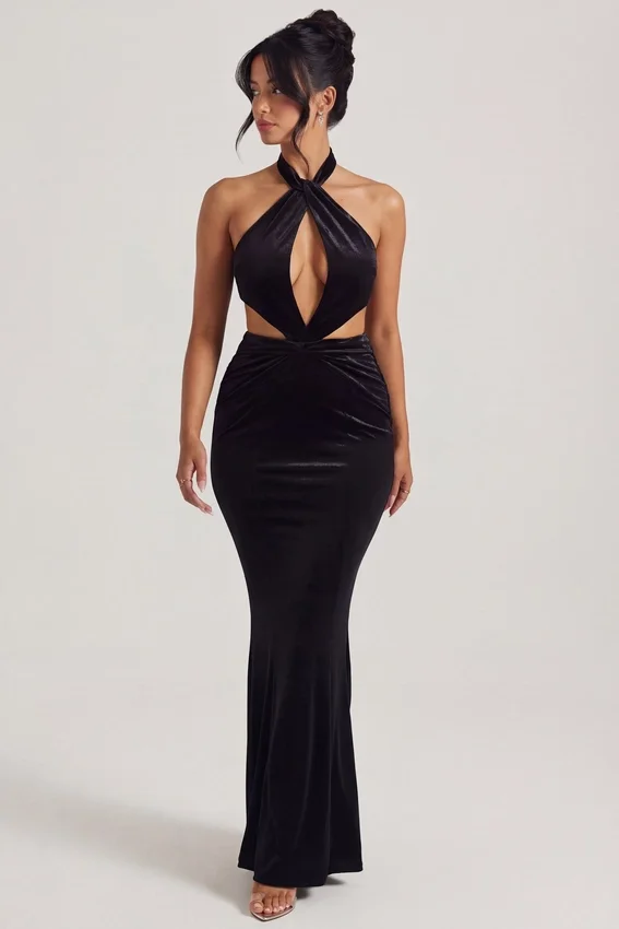 Adriana Velvet Halter Neck Maxi Dress in Jet Black Adriana Velvet Halter Neck Maxi Dress in Jet Black