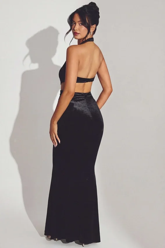 Adriana Velvet Halter Neck Maxi Dress in Jet Black Adriana Velvet Halter Neck Maxi Dress in Jet Black