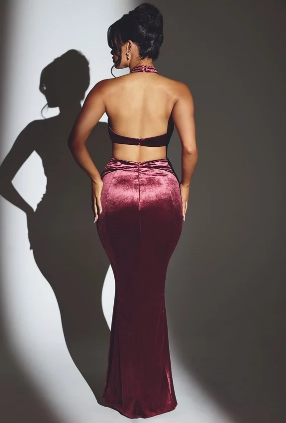 Adriana Velvet Halter Neck Maxi Dress in Wine Adriana Velvet Halter Neck Maxi Dress in Wine
