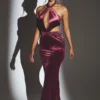Adriana Velvet Halter Neck Maxi Dress in Wine Adriana Velvet Halter Neck Maxi Dress in Wine