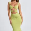 Aelia Modal Ruched Hardware Detail Cut-Out Midaxi Dress in Olive Green Aelia Modal Ruched Hardware Detail Cut-Out Midaxi Dress in Olive Green