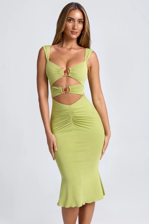 Aelia Modal Ruched Hardware Detail Cut-Out Midaxi Dress in Olive Green Aelia Modal Ruched Hardware Detail Cut-Out Midaxi Dress in Olive Green