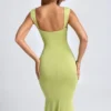 Aelia Modal Ruched Hardware Detail Cut-Out Midaxi Dress in Olive Green Aelia Modal Ruched Hardware Detail Cut-Out Midaxi Dress in Olive Green