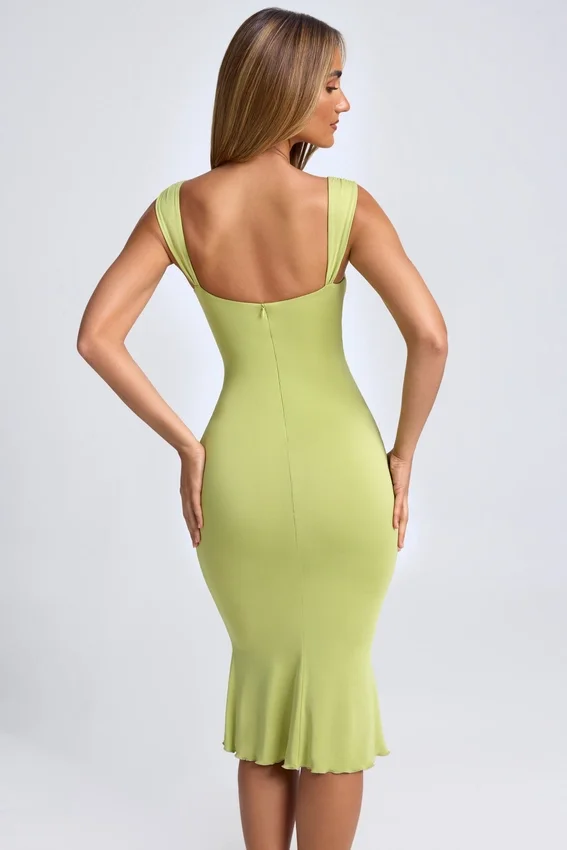 Aelia Modal Ruched Hardware Detail Cut-Out Midaxi Dress in Olive Green Aelia Modal Ruched Hardware Detail Cut-Out Midaxi Dress in Olive Green