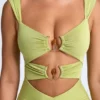 Aelia Modal Ruched Hardware Detail Cut-Out Midaxi Dress in Olive Green Aelia Modal Ruched Hardware Detail Cut-Out Midaxi Dress in Olive Green