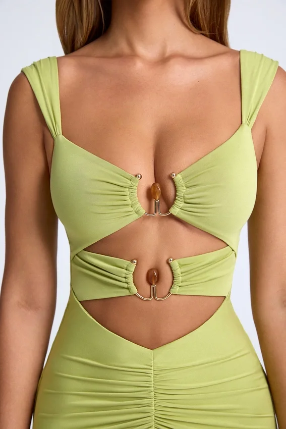 Aelia Modal Ruched Hardware Detail Cut-Out Midaxi Dress in Olive Green Aelia Modal Ruched Hardware Detail Cut-Out Midaxi Dress in Olive Green