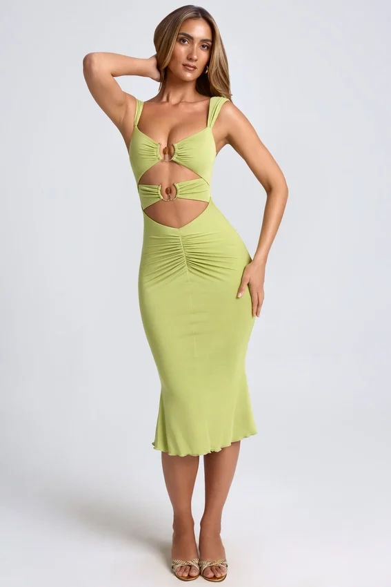 Aelia Modal Ruched Hardware Detail Cut-Out Midaxi Dress in Olive Green Aelia Modal Ruched Hardware Detail Cut-Out Midaxi Dress in Olive Green