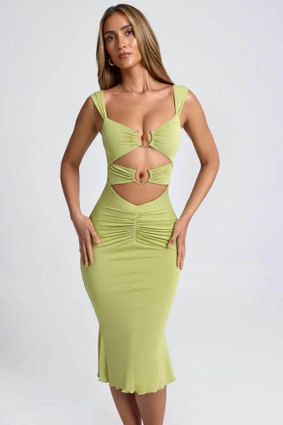Aelia Modal Ruched Hardware Detail Cut-Out Midaxi Dress in Olive Green Aelia Modal Ruched Hardware Detail Cut-Out Midaxi Dress in Olive Green