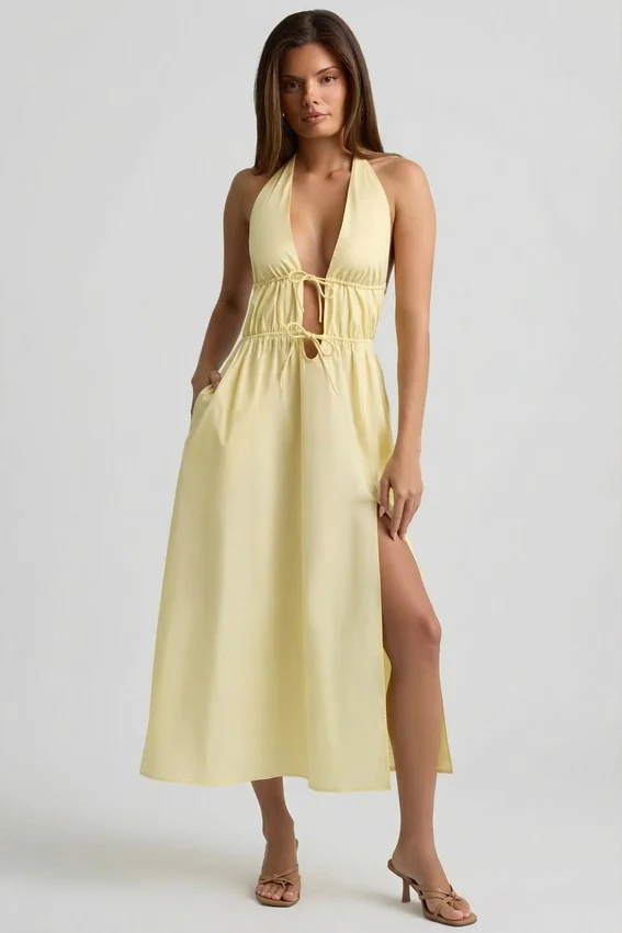 Aeris Backless Cotton-Poplin Midaxi Dress in Lemon Yellow Aeris Backless Cotton-Poplin Midaxi Dress in Lemon Yellow