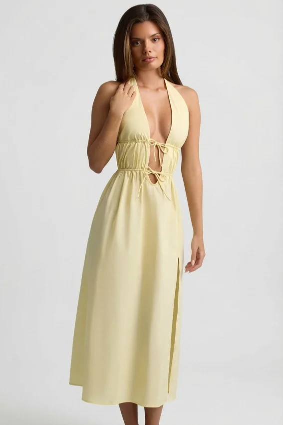 Aeris Backless Cotton-Poplin Midaxi Dress in Lemon Yellow Aeris Backless Cotton-Poplin Midaxi Dress in Lemon Yellow
