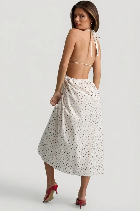 Aeris Backless Cotton-Poplin Midaxi Dress in Rose Print Aeris Backless Cotton-Poplin Midaxi Dress in Rose Print