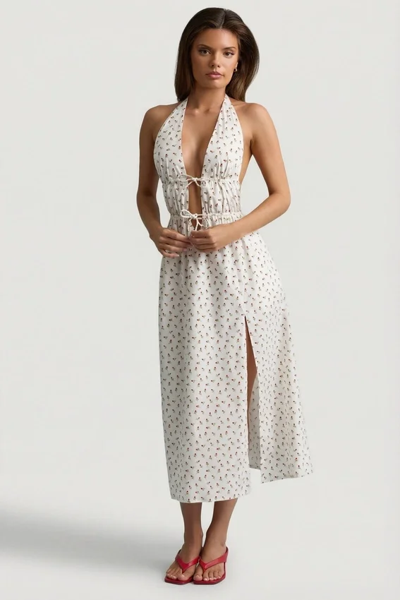 Aeris Backless Cotton-Poplin Midaxi Dress in Rose Print Aeris Backless Cotton-Poplin Midaxi Dress in Rose Print