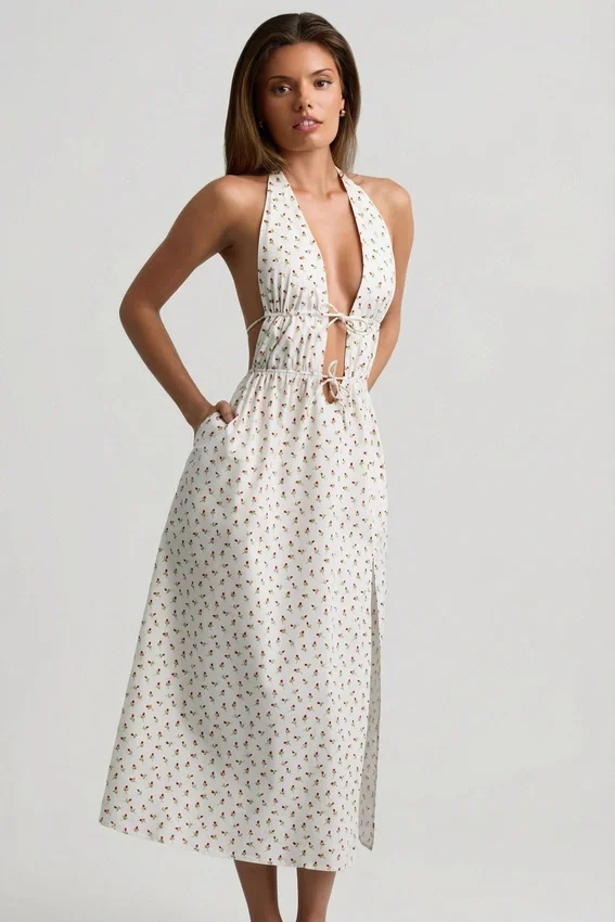 Aeris Backless Cotton-Poplin Midaxi Dress in Rose Print Aeris Backless Cotton-Poplin Midaxi Dress in Rose Print