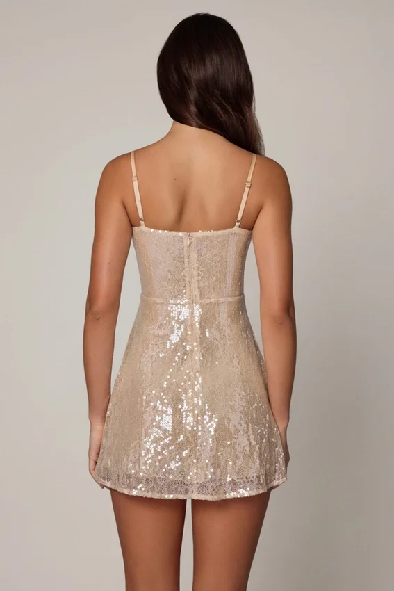 Agentha Embellished V-neck Lace Mini Dress in Pale Peach Agentha Embellished V-neck Lace Mini Dress in Pale Peach