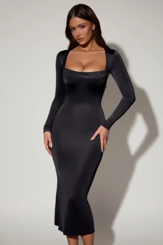 Aimee Cowl-Neck Long-Sleeve Midaxi Dress in Black Aimee Cowl-Neck Long-Sleeve Midaxi Dress in Black