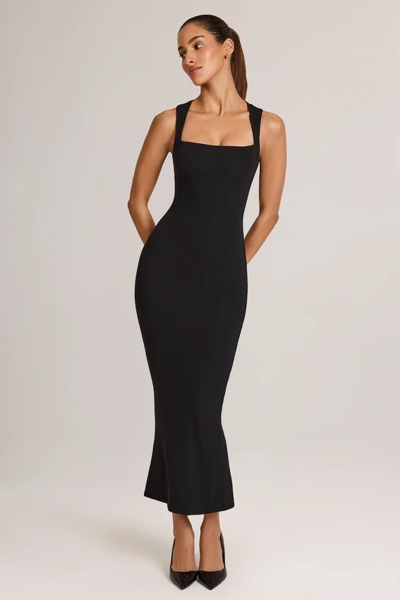 Ainslee Modal Square-Neck Bodycon Midi Dress in Black Ainslee Modal Square-Neck Bodycon Midi Dress in Black