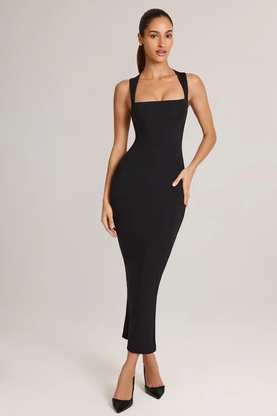 Ainslee Modal Square-Neck Bodycon Midi Dress in Black Ainslee Modal Square-Neck Bodycon Midi Dress in Black