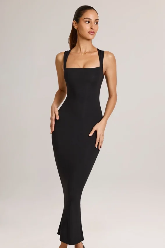 Ainslee Modal Square-Neck Bodycon Midi Dress in Black Ainslee Modal Square-Neck Bodycon Midi Dress in Black