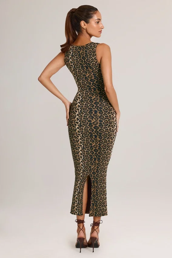 Ainslee Modal Square-Neck Bodycon Midi Dress in Leopard Print Ainslee Modal Square-Neck Bodycon Midi Dress in Leopard Print