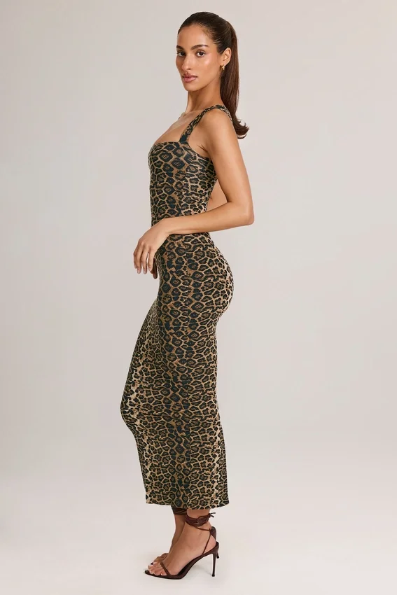 Ainslee Modal Square-Neck Bodycon Midi Dress in Leopard Print Ainslee Modal Square-Neck Bodycon Midi Dress in Leopard Print