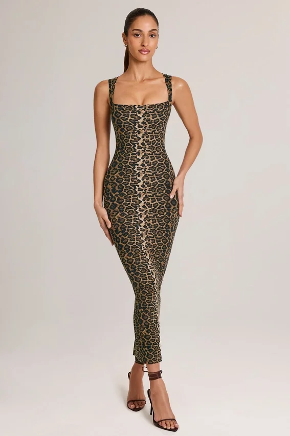 Ainslee Modal Square-Neck Bodycon Midi Dress in Leopard Print Ainslee Modal Square-Neck Bodycon Midi Dress in Leopard Print