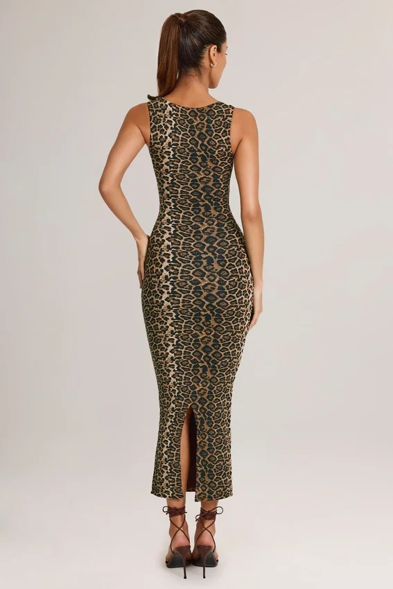 Ainslee Modal Square-Neck Bodycon Midi Dress in Leopard Print Ainslee Modal Square-Neck Bodycon Midi Dress in Leopard Print