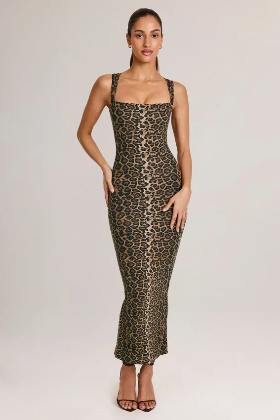 Ainslee Modal Square-Neck Bodycon Midi Dress in Leopard Print Ainslee Modal Square-Neck Bodycon Midi Dress in Leopard Print
