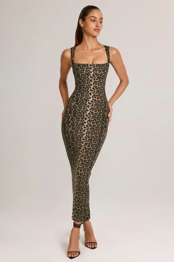 Ainslee Modal Square-Neck Bodycon Midi Dress in Leopard Print Ainslee Modal Square-Neck Bodycon Midi Dress in Leopard Print