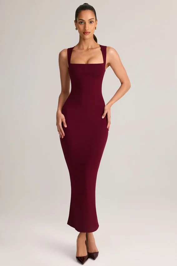 Ainslee Modal Square-Neck Bodycon Midi Dress in Wine Ainslee Modal Square-Neck Bodycon Midi Dress in Wine