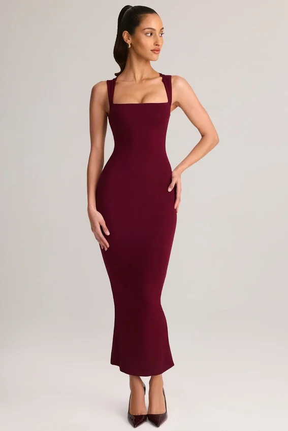 Ainslee Modal Square-Neck Bodycon Midi Dress in Wine Ainslee Modal Square-Neck Bodycon Midi Dress in Wine