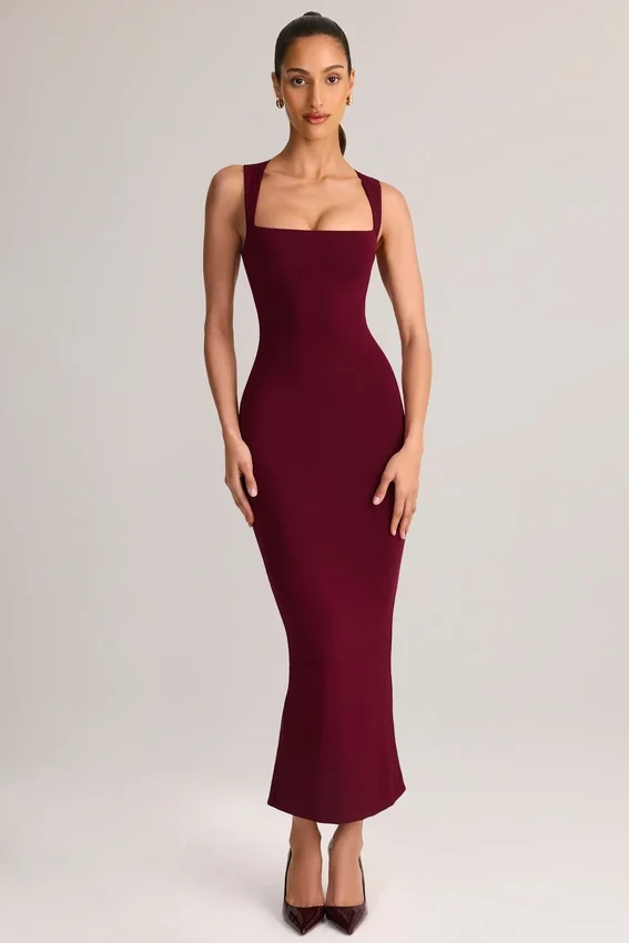 Ainslee Modal Square-Neck Bodycon Midi Dress in Wine Ainslee Modal Square-Neck Bodycon Midi Dress in Wine