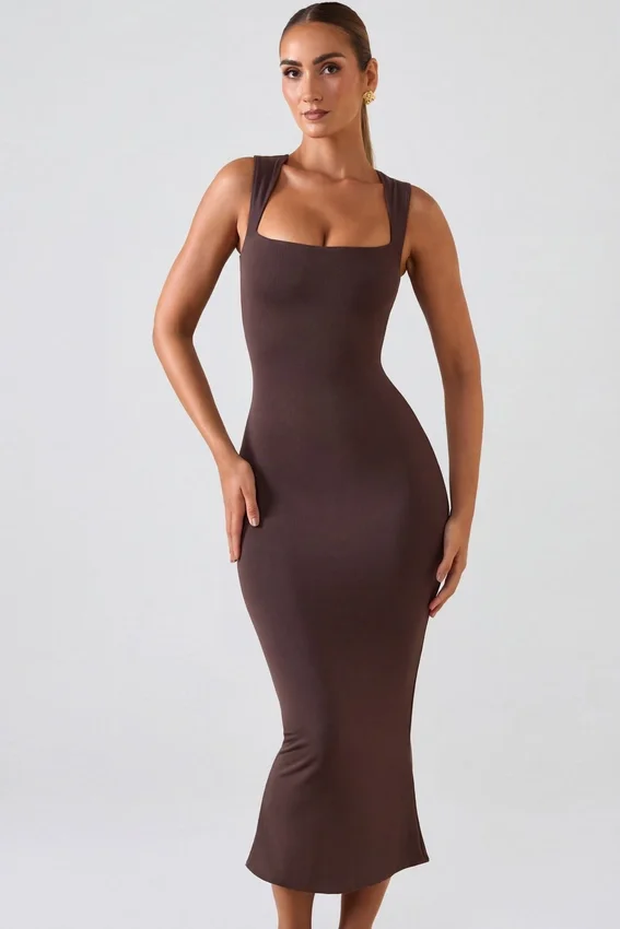 Ainslee Square Neck Midi Dress in Chocolate Brown Ainslee Square Neck Midi Dress in Chocolate Brown