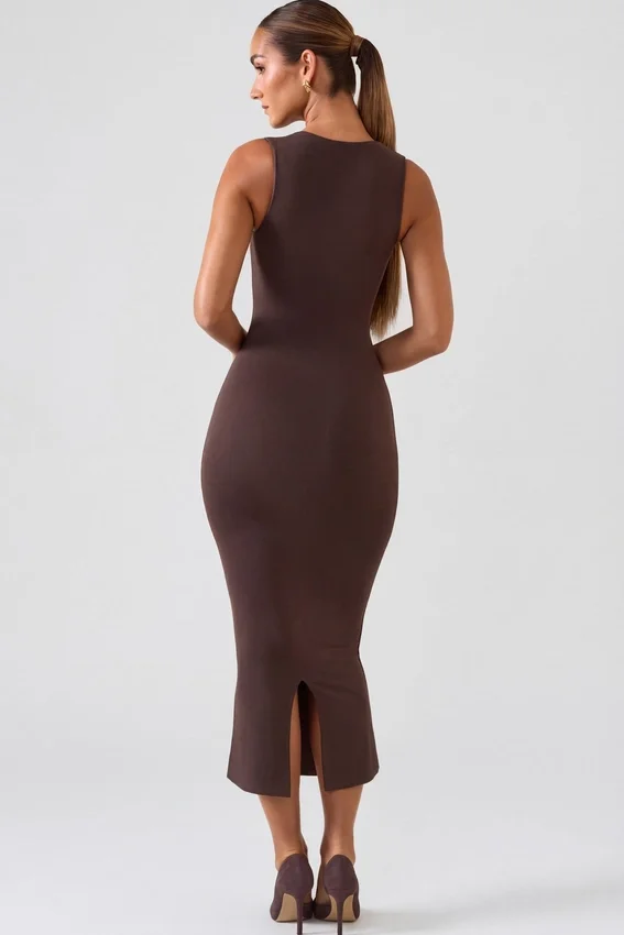 Ainslee Square Neck Midi Dress in Chocolate Brown Ainslee Square Neck Midi Dress in Chocolate Brown