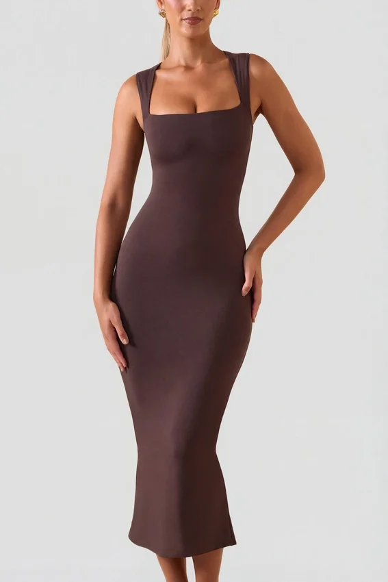 Ainslee Square Neck Midi Dress in Chocolate Brown Ainslee Square Neck Midi Dress in Chocolate Brown
