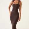 Ainslee Square Neck Midi Dress in Chocolate Brown Ainslee Square Neck Midi Dress in Chocolate Brown