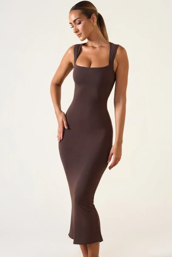 Ainslee Square Neck Midi Dress in Chocolate Brown Ainslee Square Neck Midi Dress in Chocolate Brown