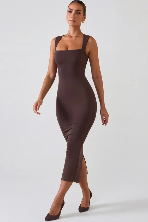 Ainslee Square Neck Midi Dress in Chocolate Brown Ainslee Square Neck Midi Dress in Chocolate Brown