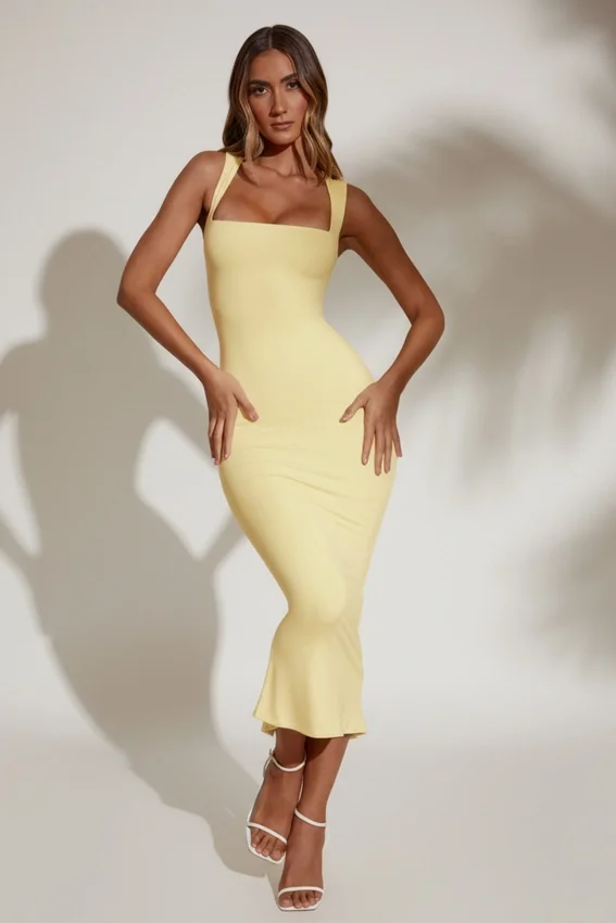 Ainslee Square Neck Midi Dress in Pastel Yellow Ainslee Square Neck Midi Dress in Pastel Yellow