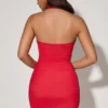 Aisha Bow-Embellished Ruched Halterneck Mini Dress in Red Aisha Bow-Embellished Ruched Halterneck Mini Dress in Red