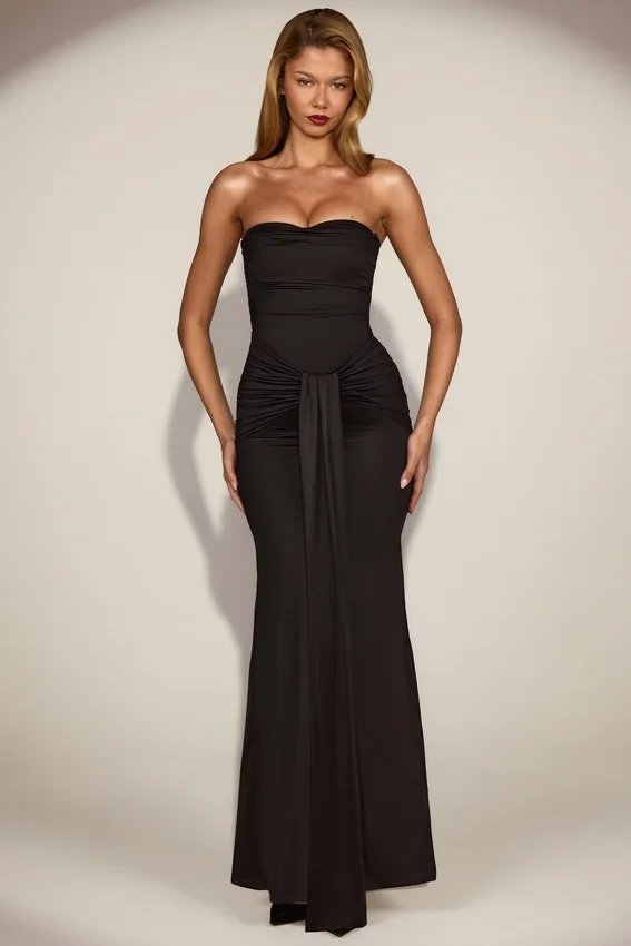Aisra Satin Peekaboo Bandeau Draped Gown in Black Aisra Satin Peekaboo Bandeau Draped Gown in Black